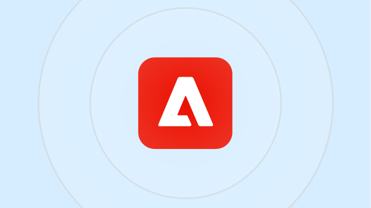 Red icon with white stlylised Adobe logo on blue background with circles.