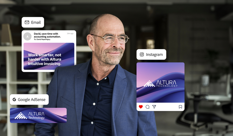 A customer with a technology ad displayed across different engagement channels