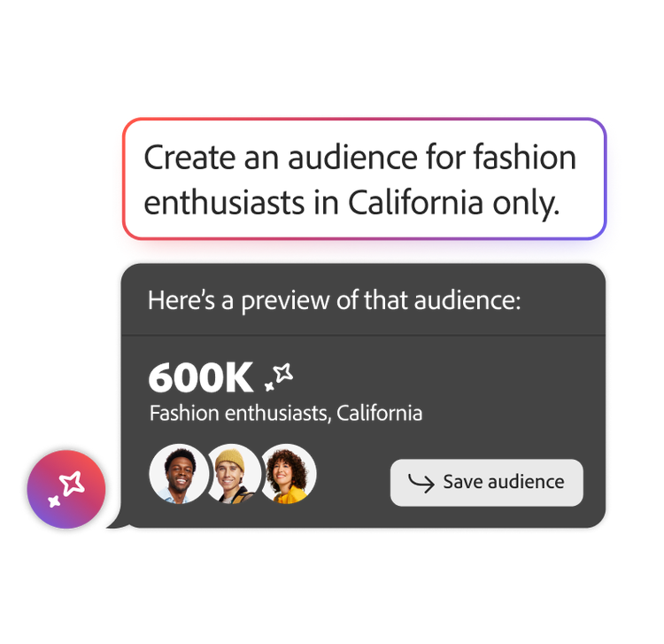 Interface showing a prompt to create an audience of 600,000 fashion enthusiasts located in California, with three profile icons and a Save audience button.