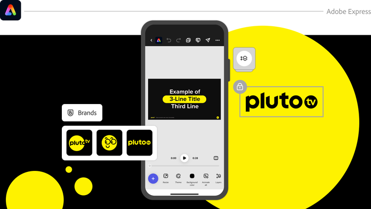 Pluto TV branding displayed in Adobe Express on mobile with bold yellow and black design options.