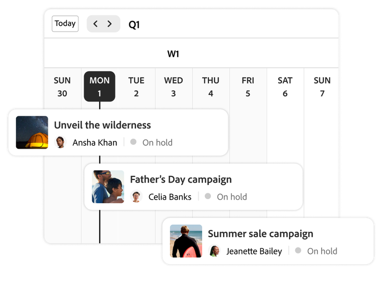 Calendar view showing campaign tasks with progress and status indicators.