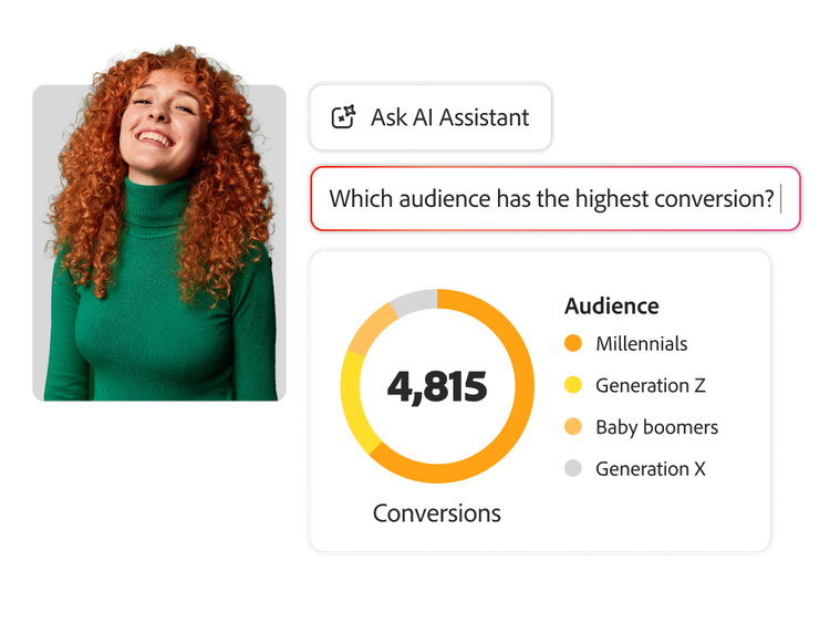 Marketeer die de AI-assistent een vraagt stelt over de conversiepercentages van doelgroepen