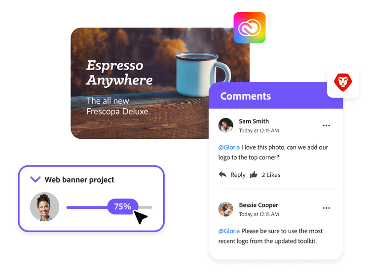 Een project voor een koffieadvertentie met de Creative Cloud-integratie die stakeholders in staat stelt de asset voor te vertonen, feedback te bieden en de status bij te werken in Workfront