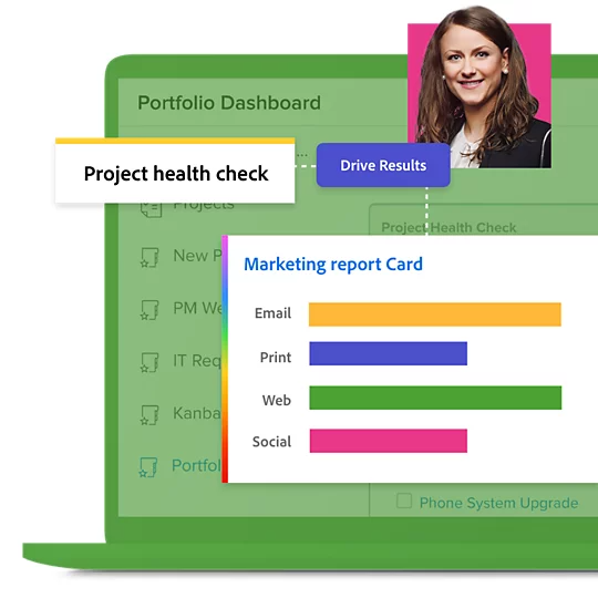 A graphic of a laptop with a Workfront Portfolio Dashboard view open. A marketer's profile photo is layered above, with "Project health check," "Drive Results" text bubbles, and a marketing report card panel view showing a channel-by-channel bar graph.