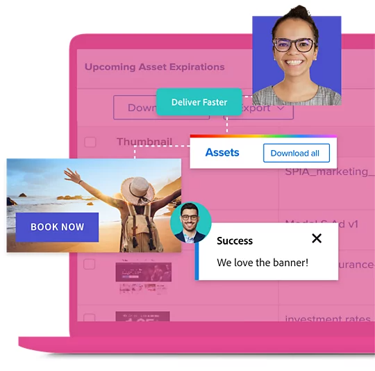 A graphic showing a marketing manager dashboard evaluating assets, and delivery outcomes.