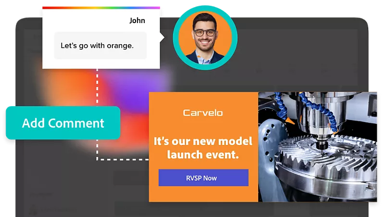 Workfront graphic showing a campaign workflow and team collaboration comments.