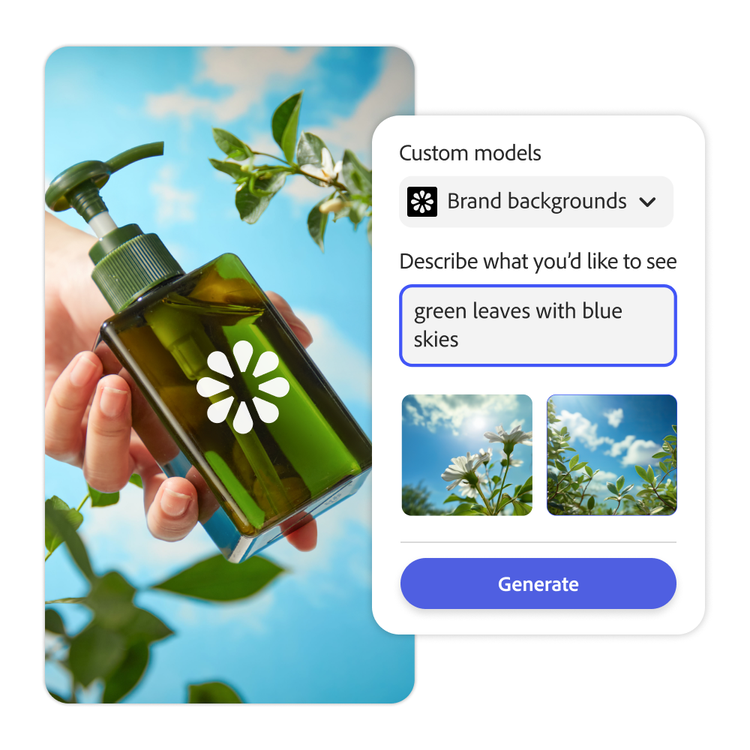 Adobe Express user interface showing the creation of an ad for a cleaning supply company using AI-generated custom models.