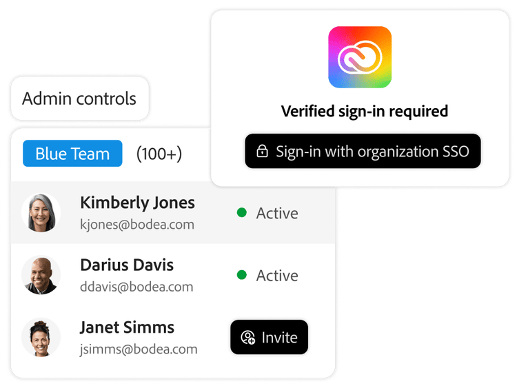 User interface for admin controls and verified sign-in functions for Creative Cloud