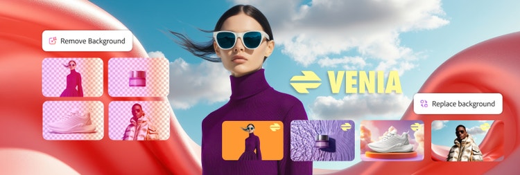 A product shot of a woman in a purple dress and sunglasses with smaller product shots overlaid below her and to her left side that show the Firefly interface to Replace Background and Remove Background on several assets at once.