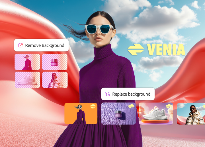 A product shot of a woman in a purple dress and sunglasses with smaller product shots overlaid below her and to her left side that show the Firefly interface to Replace Background and Remove Background on several assets at once.