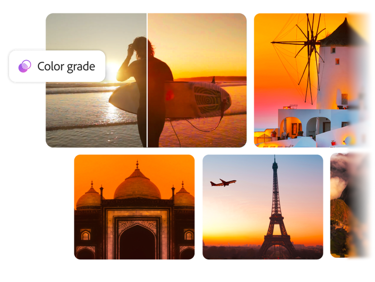 Thumbnail images of people, landmarks and buildings are shown at sunset with consistent lighting and colour in the Firefly Colour Grade tool.