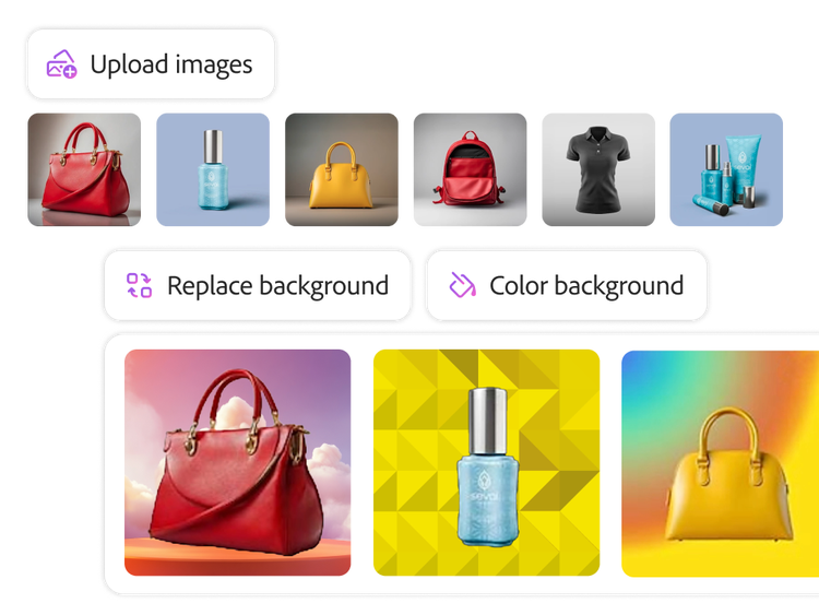 Two rows of product shot thumbnails of handbags, cosmetics and clothing that show the Upload Images, Remove Backgrounds and Colour Background tools in Firefly for multiple images at a time.