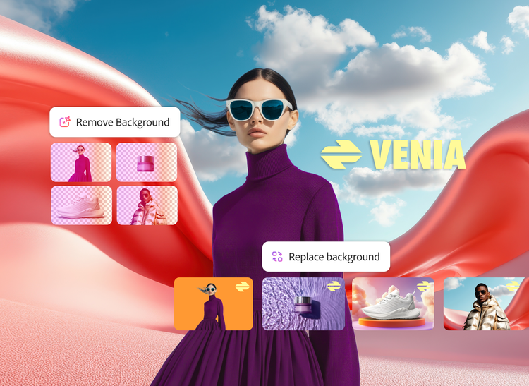 A product shot of a woman in a purple dress and sunglasses with smaller product shots overlaid below her and to her left side that show the Firefly interface to Replace Background and Remove Background on several assets at once.