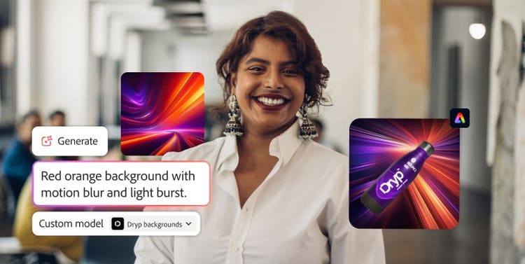 A smiling woman overlayed with images of customised models of a red orange background with motion blur and light burst, with the product image that uses this background.