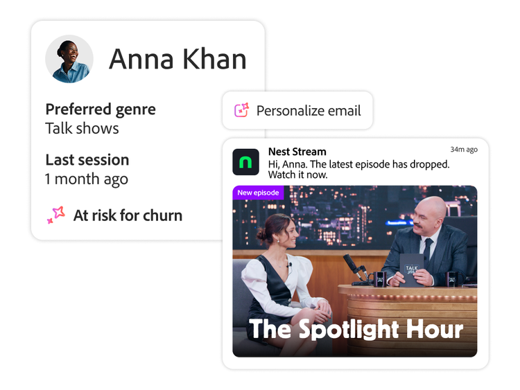 Illustration showing personalized streaming suggestions for an at-risk customer, based on their preferences and viewing history.