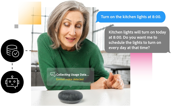 https://stock.adobe.com/images/mature-pretty-woman-with-gray-hair-in-green-jumper-talking-to-the-digital-virtual-assistant-at-home-asking-a-question-or-requesting-to-switch-music-smart-ai-speaker-concept-and-voice-command-control/421462662#_blank | A woman demonstrating everyday use of artificial intelligence by using an Amazon Alexa.