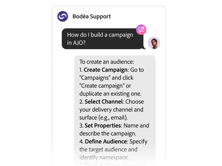 A customer using AI Assistant to learn how to create an Adobe Journey Optimizer campaign