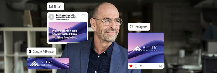 A customer with a technology ad displayed across different engagement channels