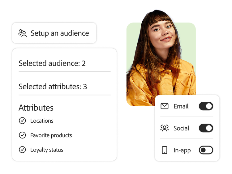 Marketing UI with selected audience traits—location, product, loyalty—and channel toggles below user portrait.