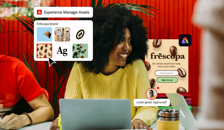 A customer next to a coffee ad that’s being customized using Adobe Express and Adobe Experience Manager Assets