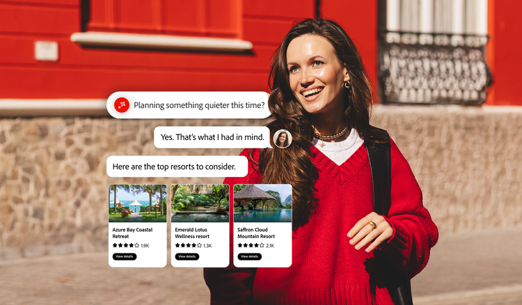 Travel booking interface showing a welcome message for Lauren and top resort recommendations, including Azure Bay Coastal Retreat, Emerald Lotus Wellness Resort, and Saffron Cloud Mountain Resort.