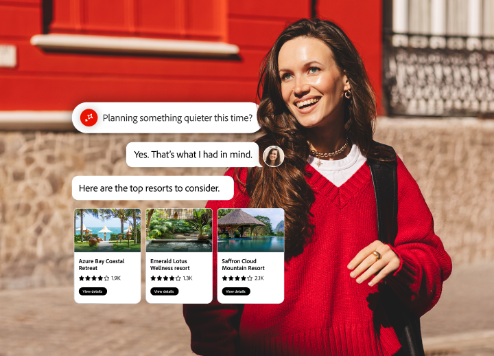 Travel booking interface showing a welcome message for Lauren and top resort recommendations, including Azure Bay Coastal Retreat, Emerald Lotus Wellness Resort, and Saffron Cloud Mountain Resort.