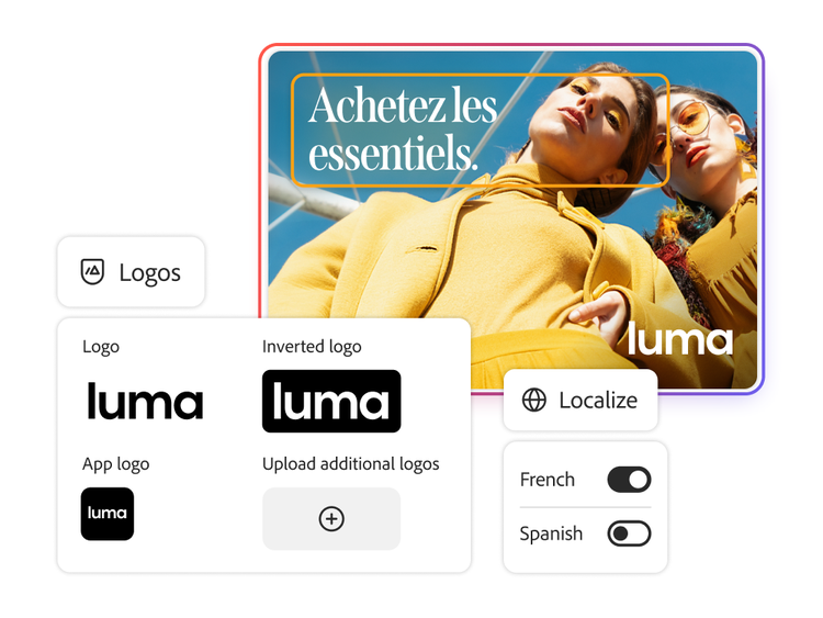 An image showing content localization and branding options with logo variations and language toggles for French and Spanish.