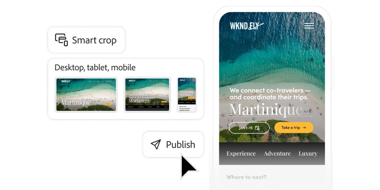 User interface showing one-click ad publishing to desktop, tablet, and mobile