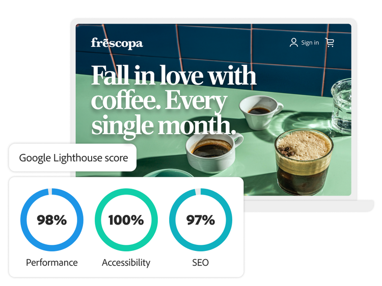 A coffee commerce site showing performance, accessibility, and SEO scores of 98%, 100%, and 97% respectively
