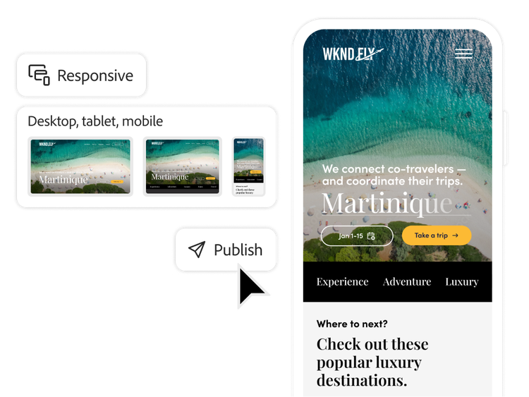 A travel website design dynamically adjusting to publish to desktop, tablet, and mobile simultaneously