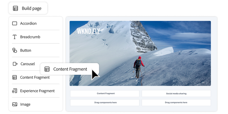Webpage builder showing drag-and-drop content fragment and other one-click options