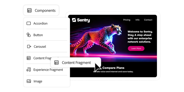 User interface showing a dropdown menu titled 'Components' with options like Accordion, Button, Carousel, Content Fragment, Experience Fragment, and Image. A cursor is selecting 'Content Fragment.' In the background, a website preview for 'Sentry' features a glowing, multicolored cheetah and marketing text promoting enterprise network solutions with a 'Learn More' button.