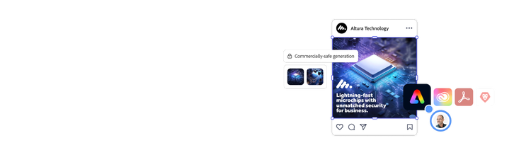 An ad for a tech company with an image of a microchip overlayed with the Adobe Express logo and a “commercially safe generation” approval bubble.