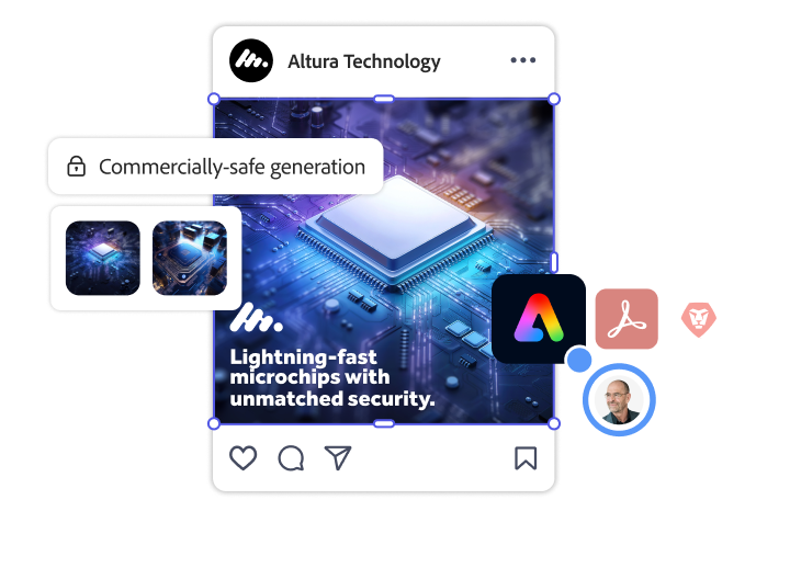 An ad for a tech company with an image of a microchip overlayed with the Adobe Express logo and a “commercially safe generation” approval bubble.