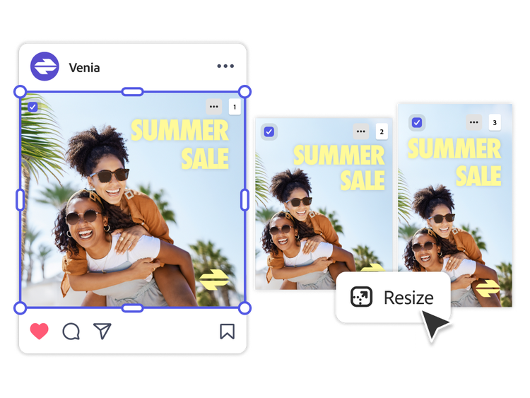 A social media summer sale ad being resized for different platforms