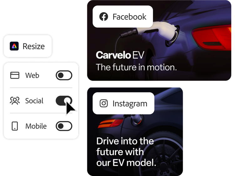 An EV car ad being resized for different social channels