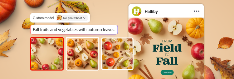 A set of seasonal fruit photographs are generated as backgrounds for a social post