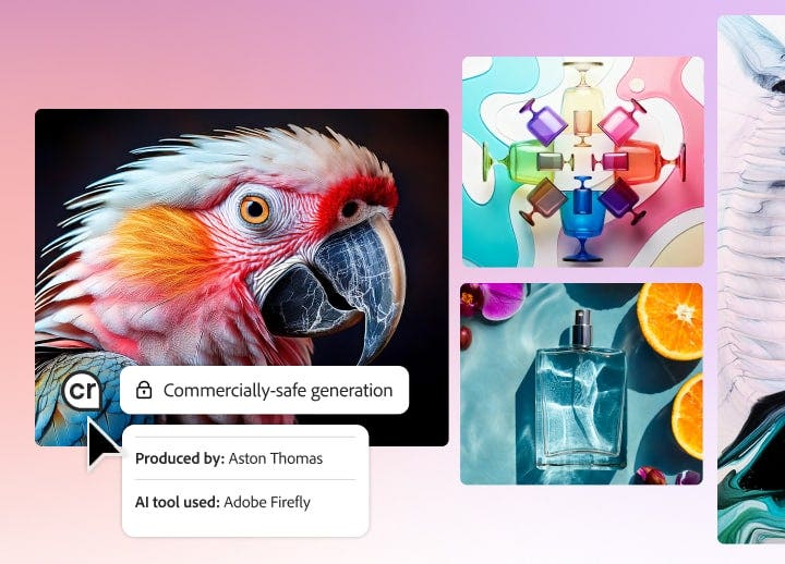 Images generated by Abode Firefly of a parrot, some colorful glasses, and a perfume bottle, alongside a tag stating commercially-safe generation and an indicator of who produced the ad and what AI tool was used.