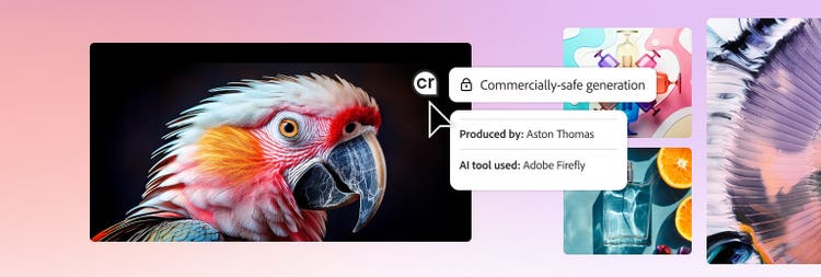 Images generated by Abode Firefly of a parrot, some colorful glasses, and a perfume bottle, alongside a tag stating commercially-safe generation and an indicator of who produced the ad and what AI tool was used.