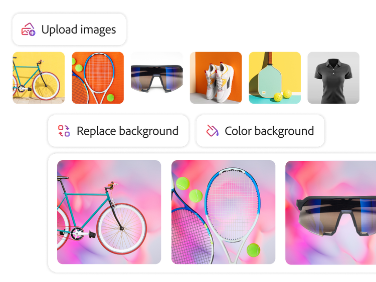 Two rows of product shot thumbnails of handbags, cosmetics, and clothing that show the Upload Images, Remove Backgrounds, and Color Background tools in Firefly for multiple images at a time.