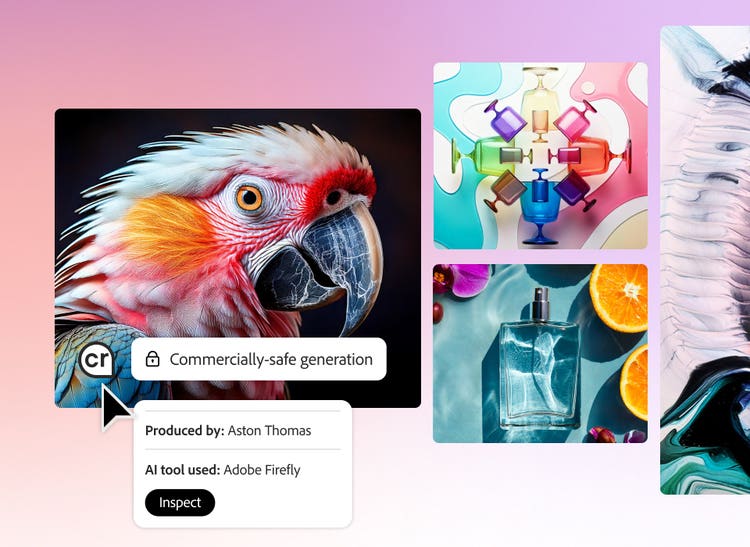 Images generated by Abode Firefly of a parrot, some colorful glasses, and a perfume bottle, alongside a tag stating commercially-safe generation and an indicator of who produced the ad and what AI tool was used.