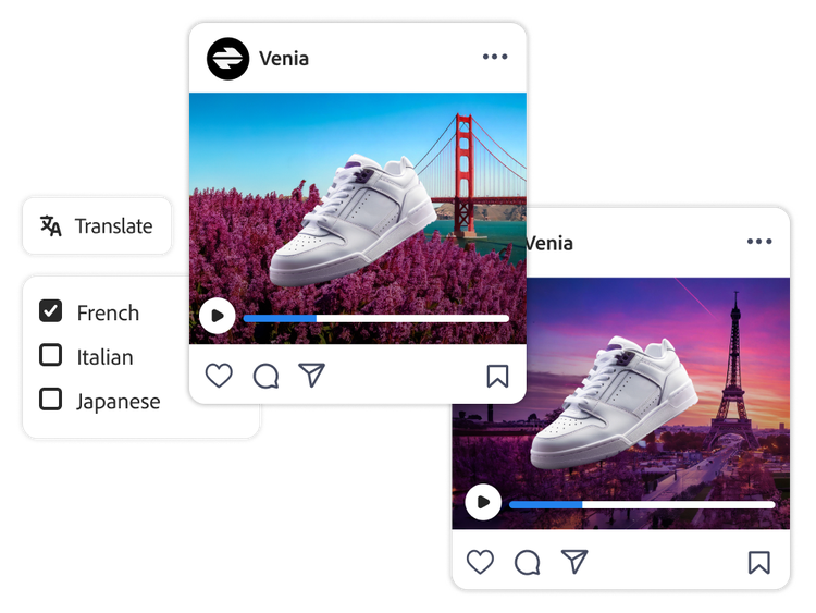 Two Venia-branded Instagram video posts display a white sneaker, with one post with a background of the Golden Gate Bridge and the other in background of the Eiffel Tower.