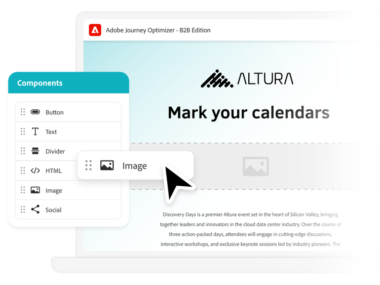 Adobe Journey Optimizer B2B Edition email designer example of an image component being placed into content for an upcoming live event email.