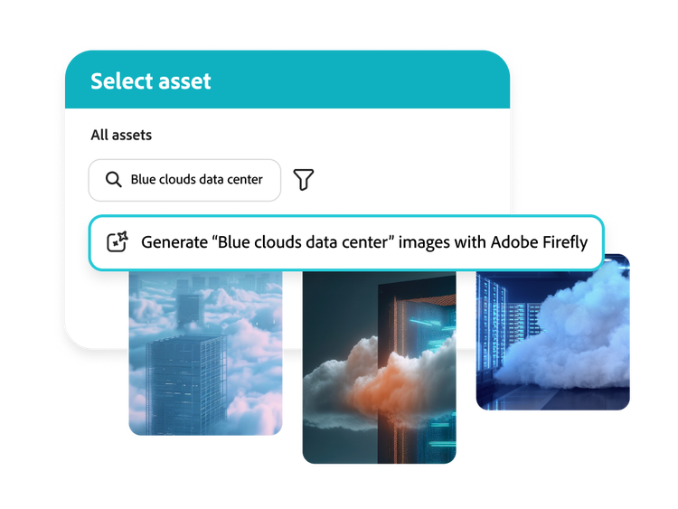 https://main--bacom--adobecom.hlx.page/fragments/products/modal/videos/journey-optimizer-b2b/asset-management#asset-management | Adobe Journey Optimizer B2B Edition asset management interface showing a filter for "blue clouds data center", a generative AI prompt to "Generate 'Blue clouds data center' images with Adobe Firefly," and image previews. | :play-medium: