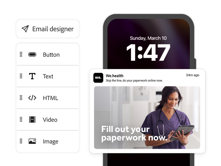 https://main--bacom--adobecom.hlx.page/fragments/products/modal/videos/journey-optimizer/email-marketing/email-design-personalization#email-design-personalization | Simple email builder interface and healthcare offer | :play-medium: