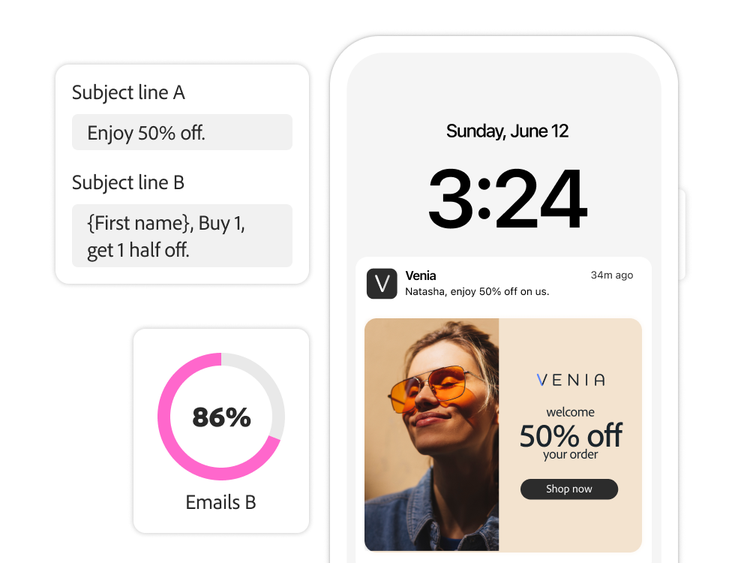 https://main--bacom--adobecom.hlx.page/fragments/products/modal/videos/journey-optimizer/intelligent-optimization/experimentation#experimentation | Two email subject lines for an A/B test and the results | :play-medium: