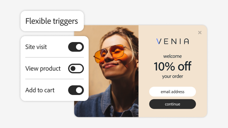 Adobe Journey Optimizer flexible triggers (for site visit, view product, and add to cart) to personalize a web discount offer.