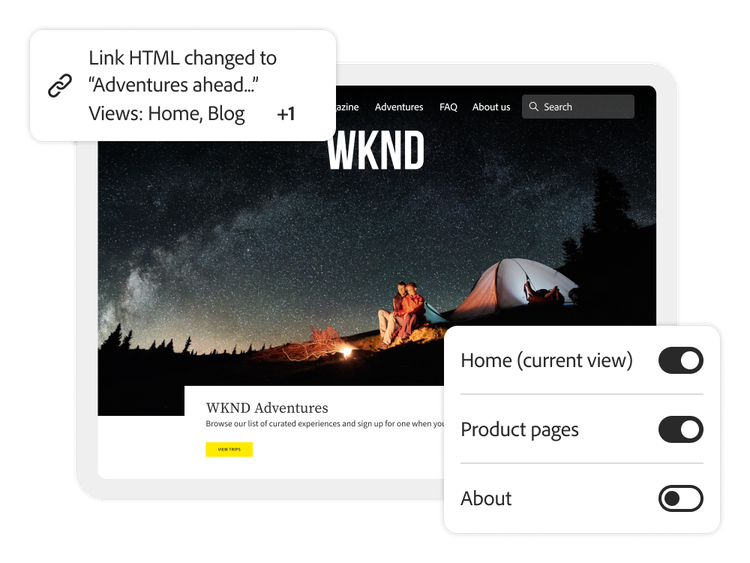 A webpage and UI showing an HTML link change applied across the home and product pages