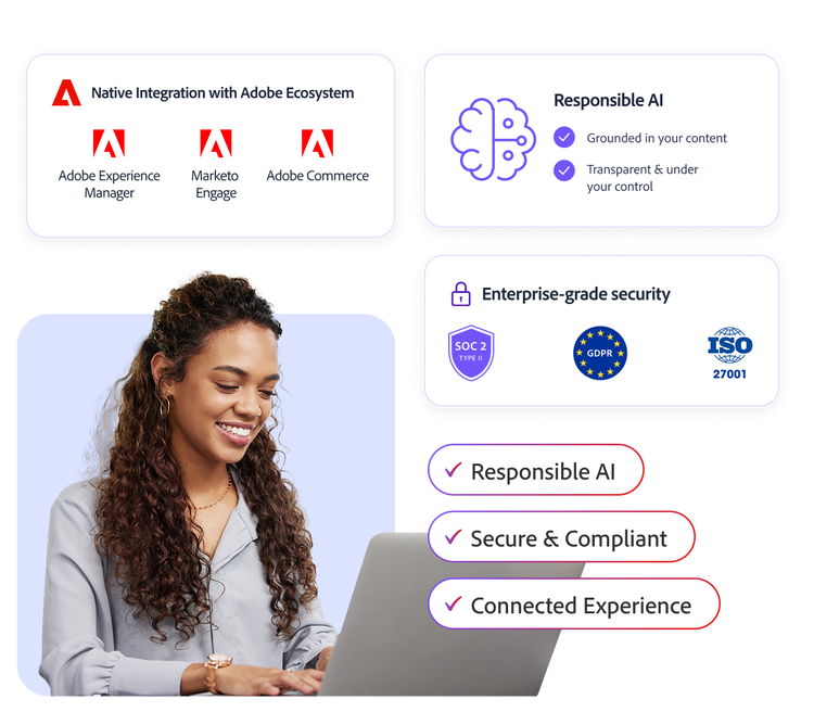 Adobe Learning Manager enterprise course creation with responsible AI and SOC 2, GDPR, ISO 27001 security.