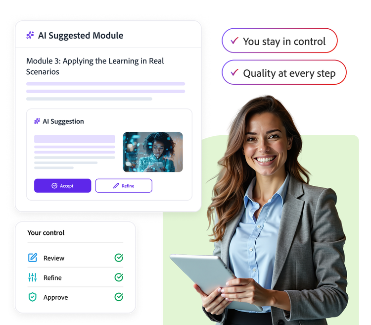 AI course creator keeping the instructional designer in control with review, refine, and approve steps.